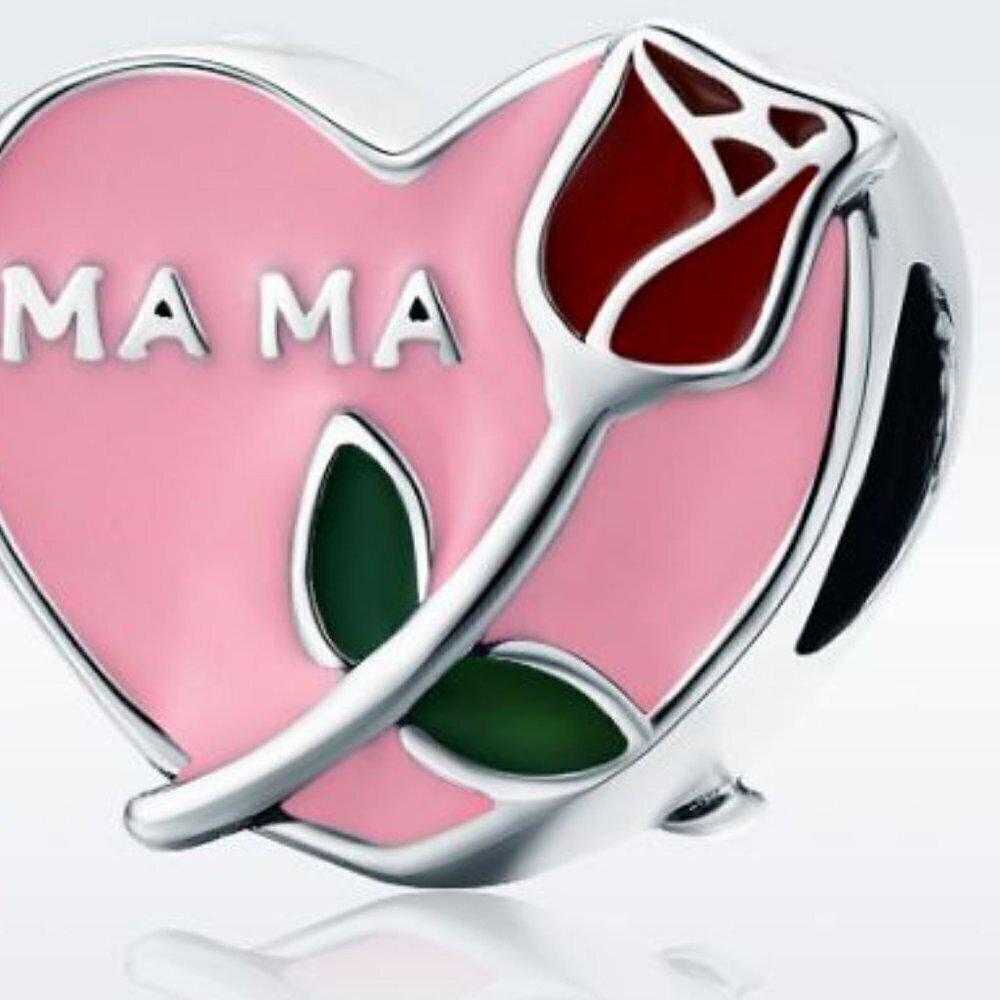 Sterling Silver Mama Rose Heart Charm Pink Red Mom Pendant Gift